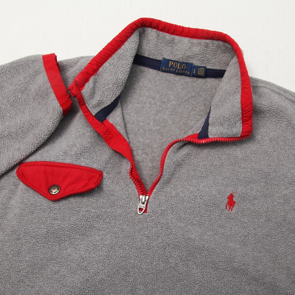 Polo Ralph Lauren Sweater Mens Large Gray Red Fleece Quarter Zip Pullover